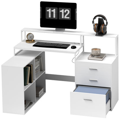 Office Desk with 2 Tables, 4 Shelves, 3 Drawers and Monitor Stand, Wooden, 138.5x90x92 cm, White