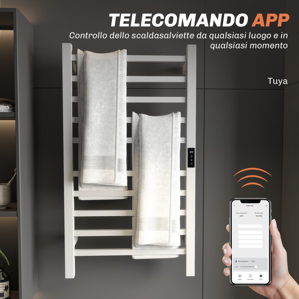 Smart 10-Bar Electric Towel Warmer with Timer and LCD Display, Stainless Steel, 45x11x80 cm, White