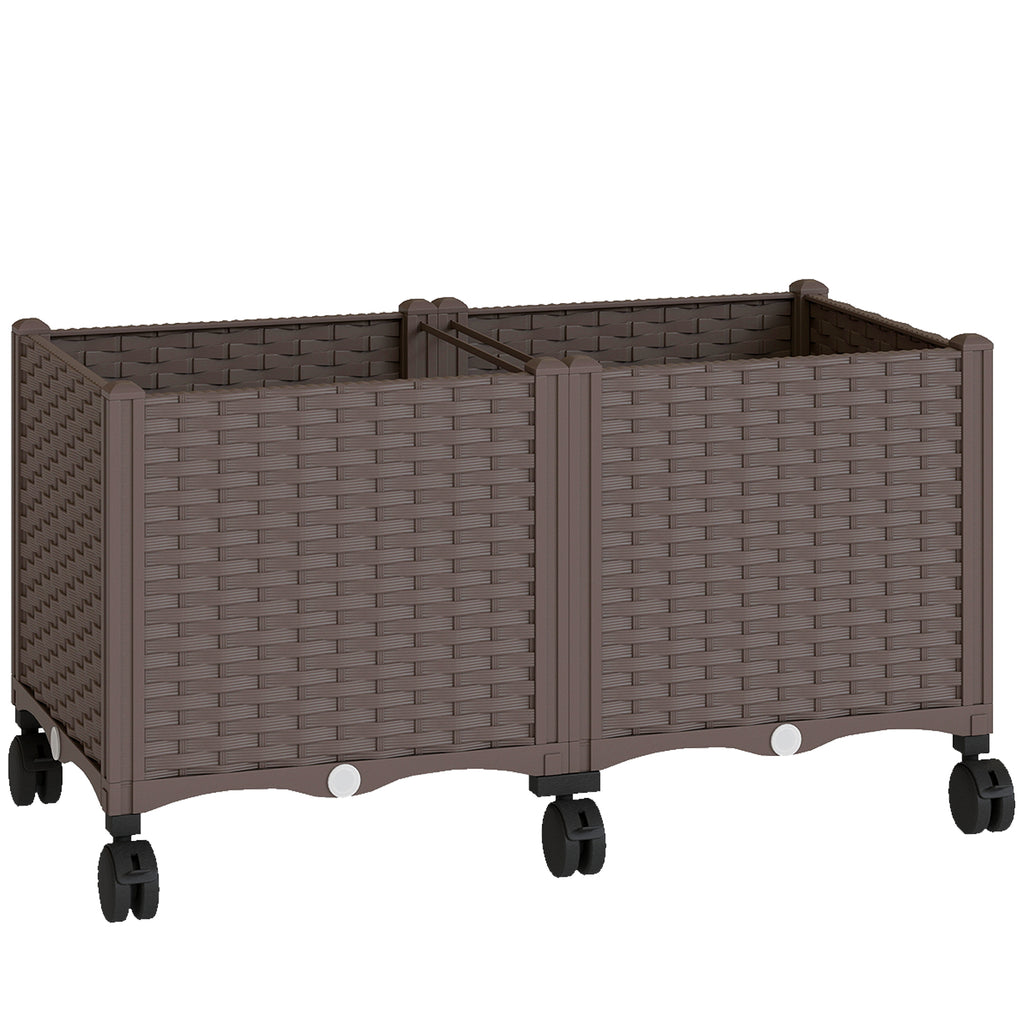Outsunny 85L Raised Planter with Lockable Wheels, Self-Watering and Drainage Holes, Brown