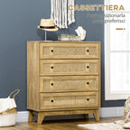 Chest of Drawers with 4 Drawers and Rattan Inserts, Boho Style, 80x35x95 cm, Natural Wood