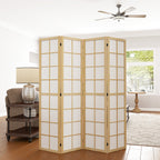 4-Panel Folding Room Divider in Wood and Fabric, 160x170 cm, Wood and White Color