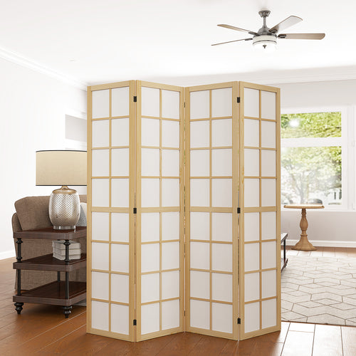 4-Panel Folding Room Divider in Wood and Fabric, 160x170 cm, Wood and White Color