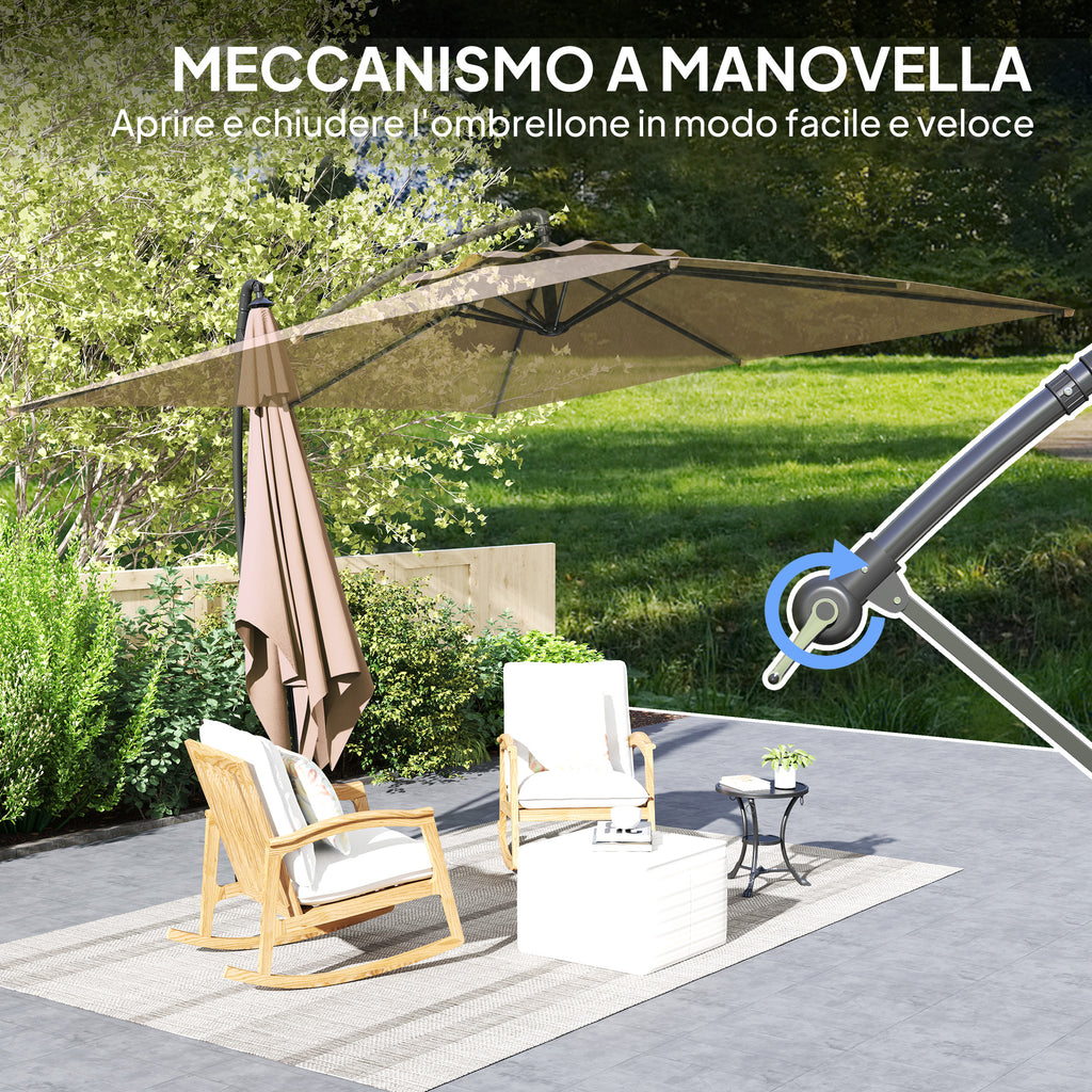 3x3 m Arm Umbrella with Adjustable Cover and Cross Base, in Metal and Polyester, Khaki color