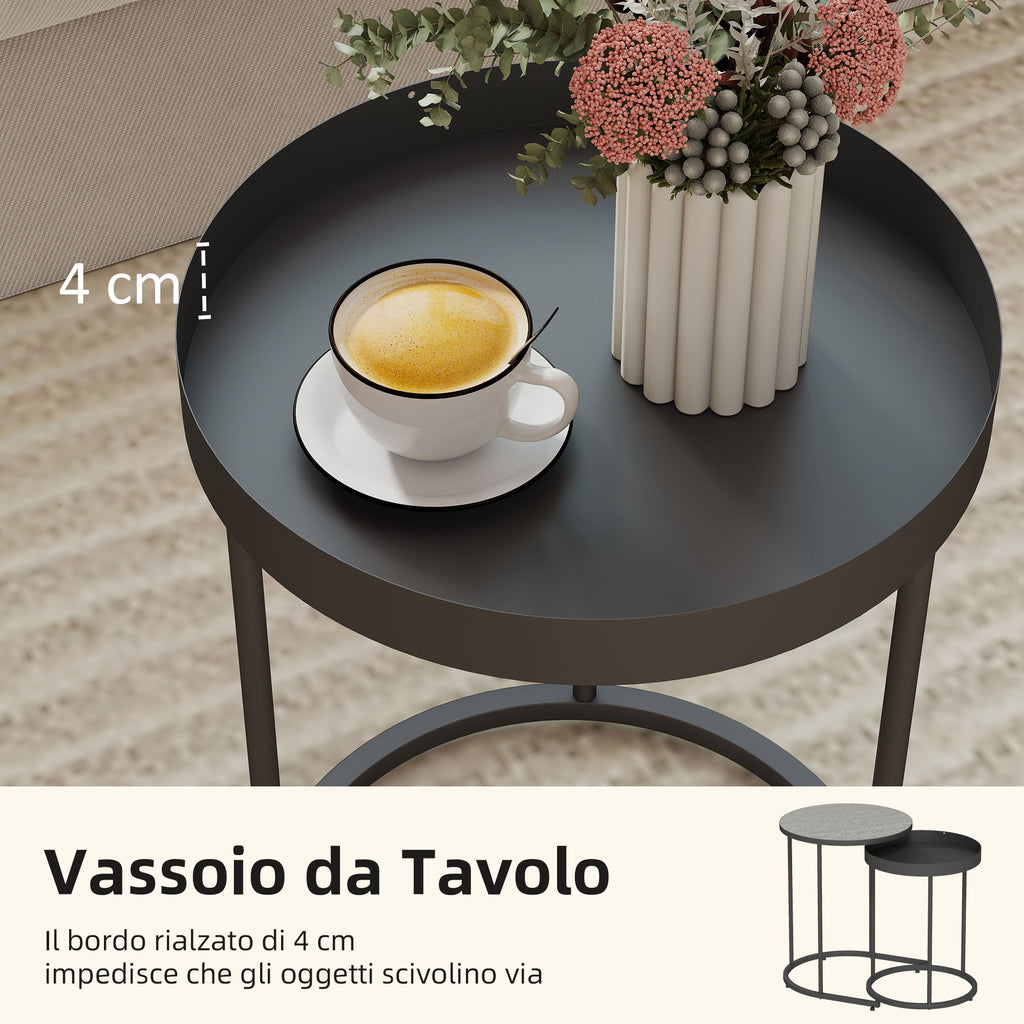 Set of 2 Industrial Style Stackable Coffee Tables, Wood and Metal, Ø42x54 cm and Ø36.5x48.5 cm, Grey and Black