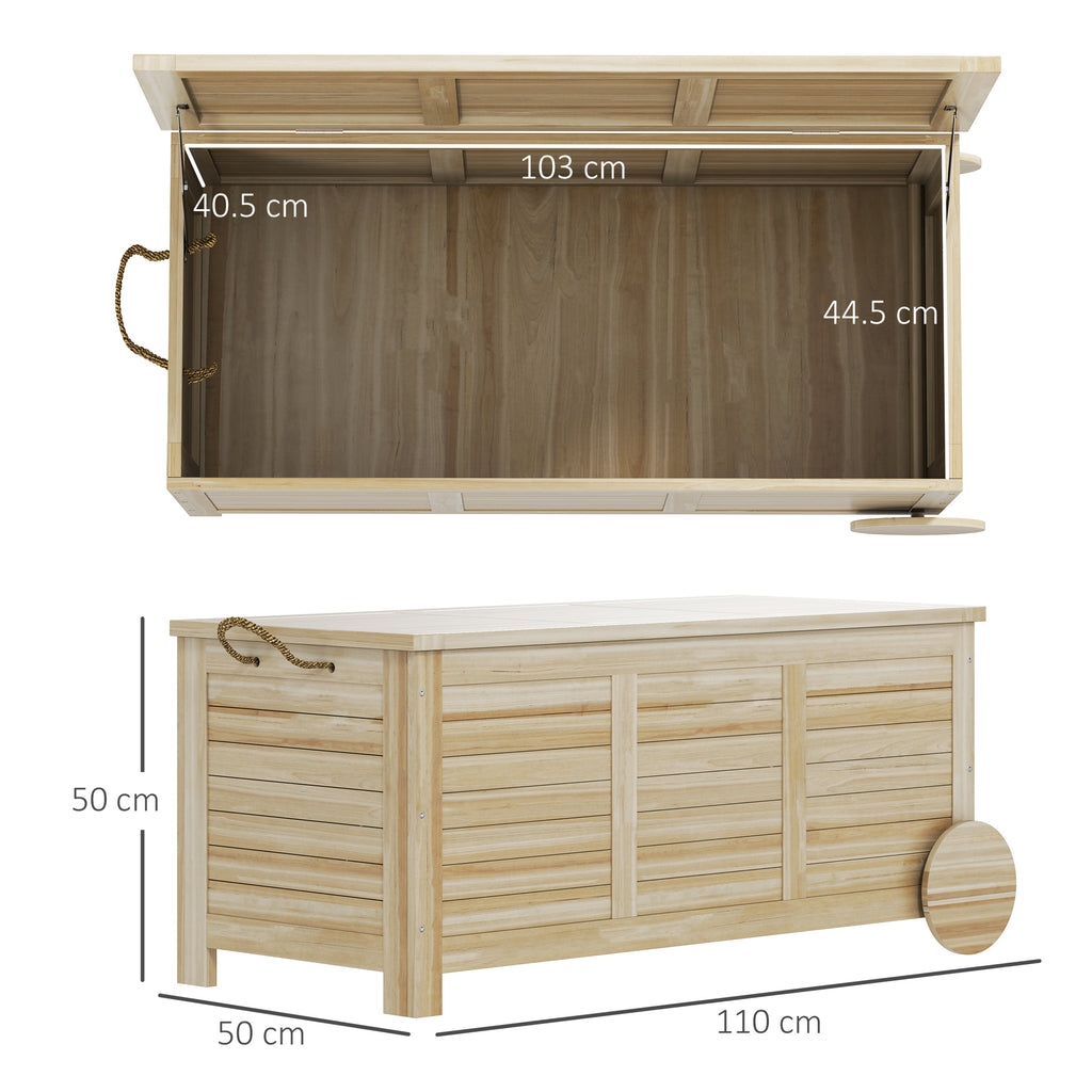 Outdoor Trunk 185L with 2 Wheels with Inner Tarpaulin and Lid, in Fir Wood, 110x50x50 cm, Wood Color