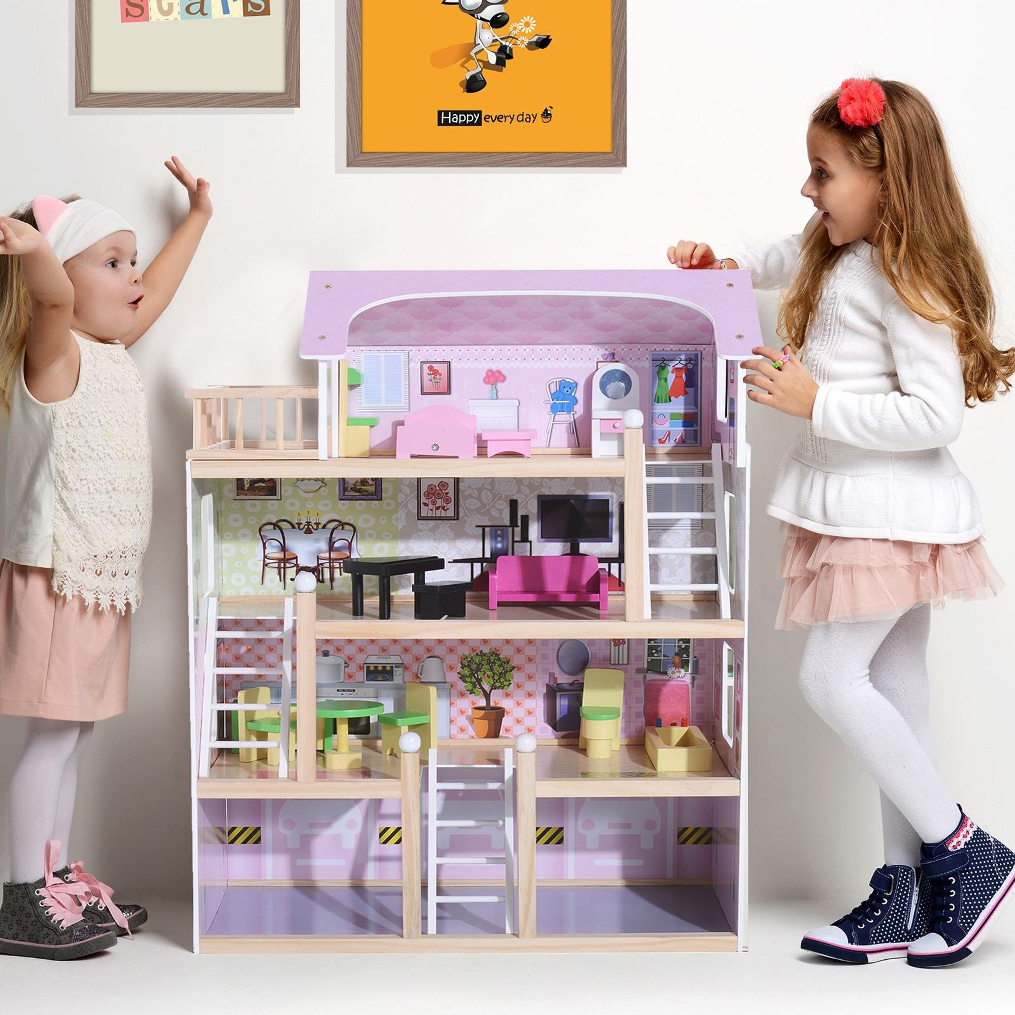 4-Story Dollhouse for Children Ages 3+, Pine Wood and MDF, with 13 Accessories, Pink, 60x30x80 cm