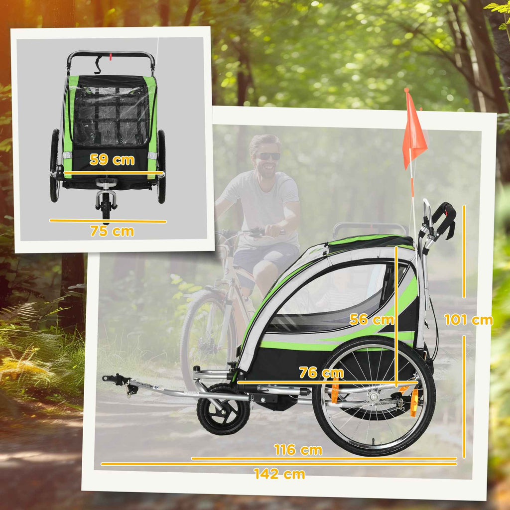 HOMCOM 2-in-1 Kids Bike Trailer and Stroller with Belt, Pockets and Flag, Green