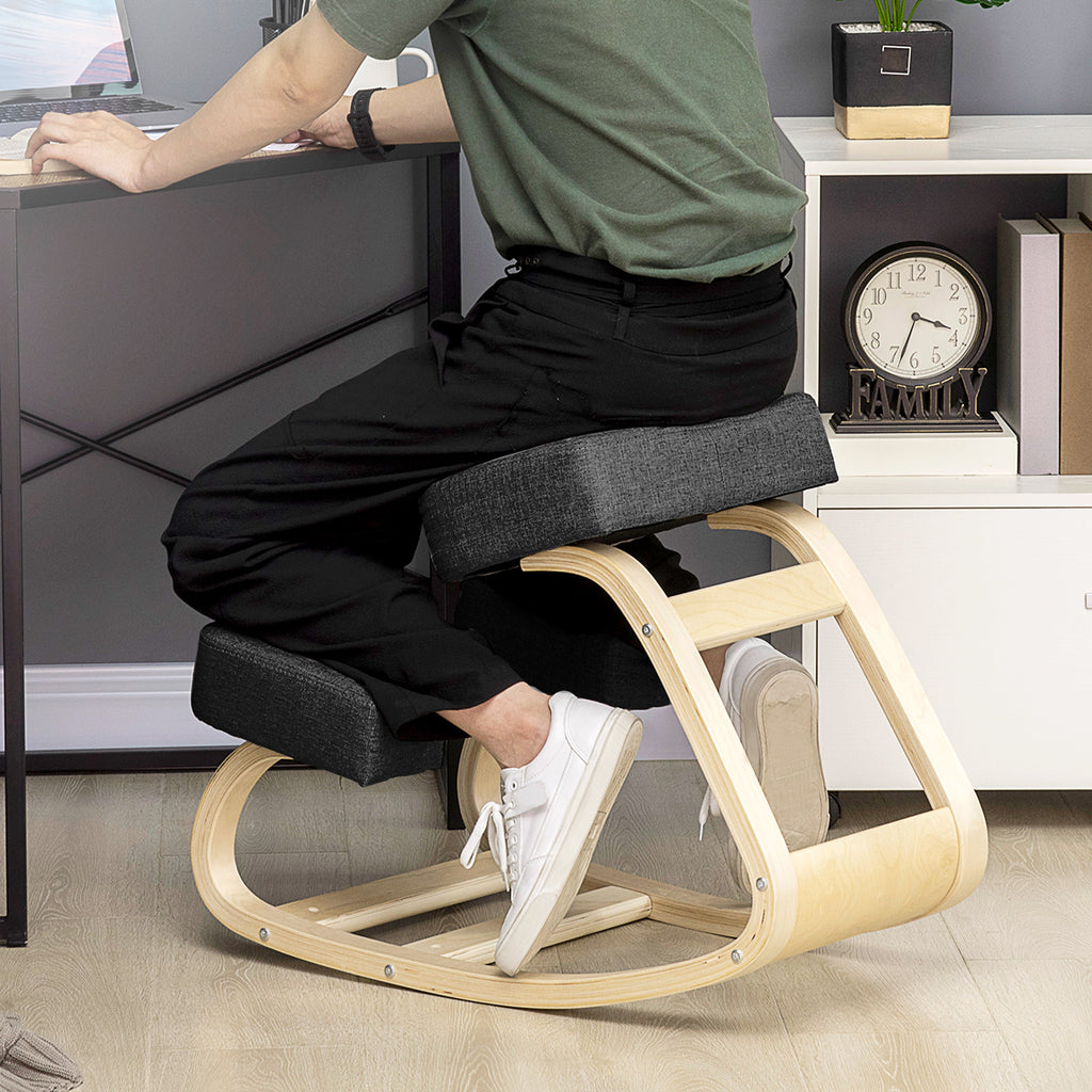 Ergonomic Kneeling Chair in Birch Wood and Cushion, 51x69x58cm, Black