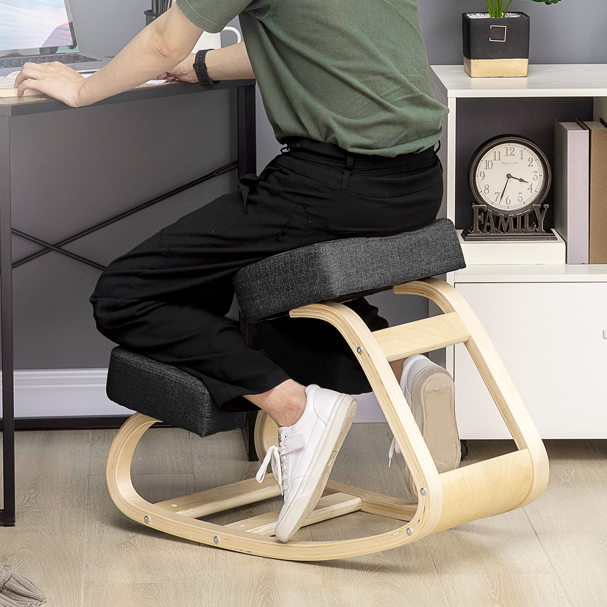 Ergonomic Kneeling Chair in Birch Wood and Cushion, 51x69x58cm, Black