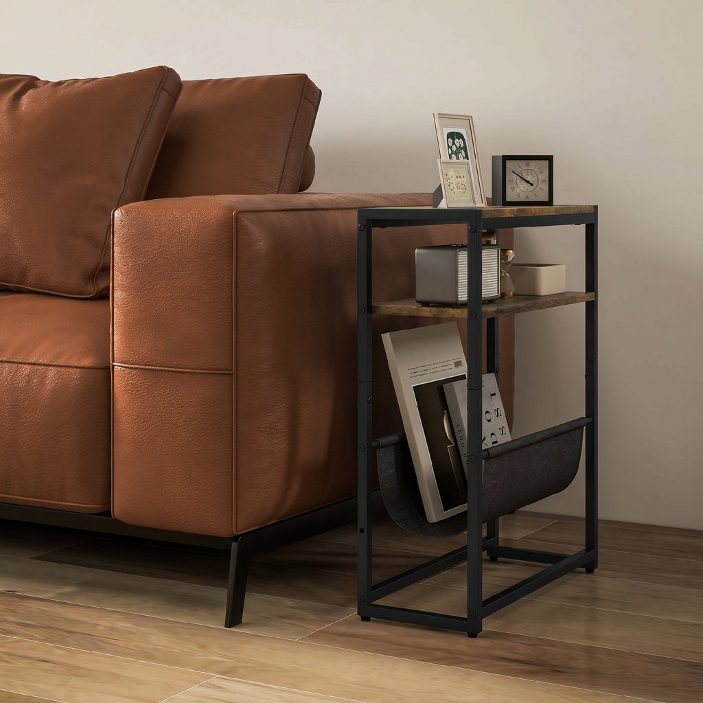 HOMCOM Narrow Coffee Table, Industrial Side Table with 3 Shelves, V-Shaped Magazine Rack, Nightstand for Living Room, Small Spaces, Rustic Brown
