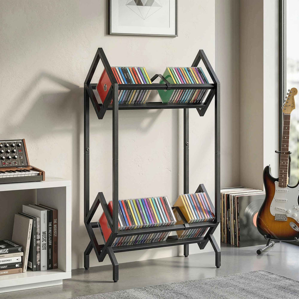 HOMCOM 50 CD Holder, 2-Tier Metal Vinyl Record Rack for DVDs, Books, Albums, Black