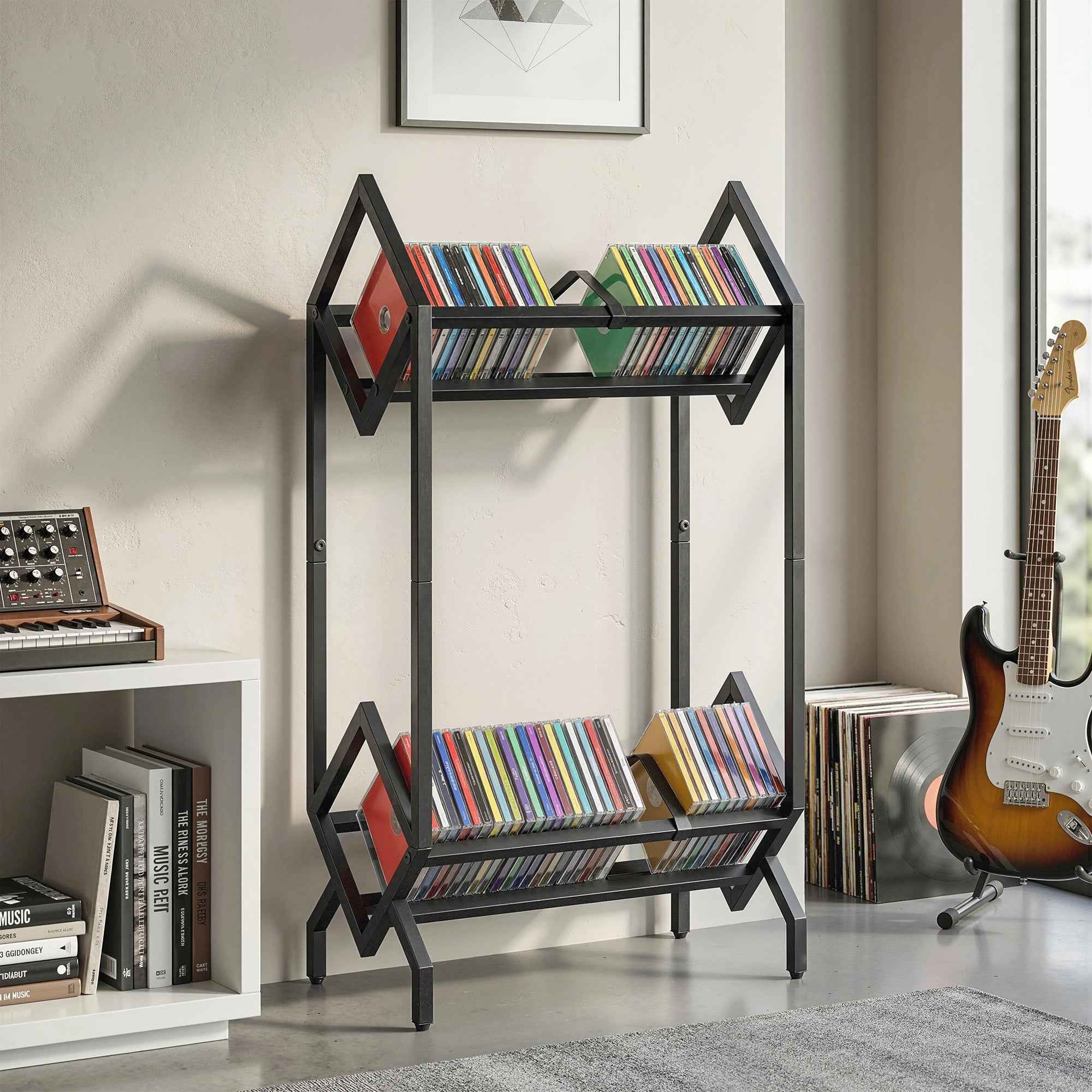 HOMCOM 50 CD Holder, 2-Tier Metal Vinyl Record Rack for DVDs, Books, Albums, Black