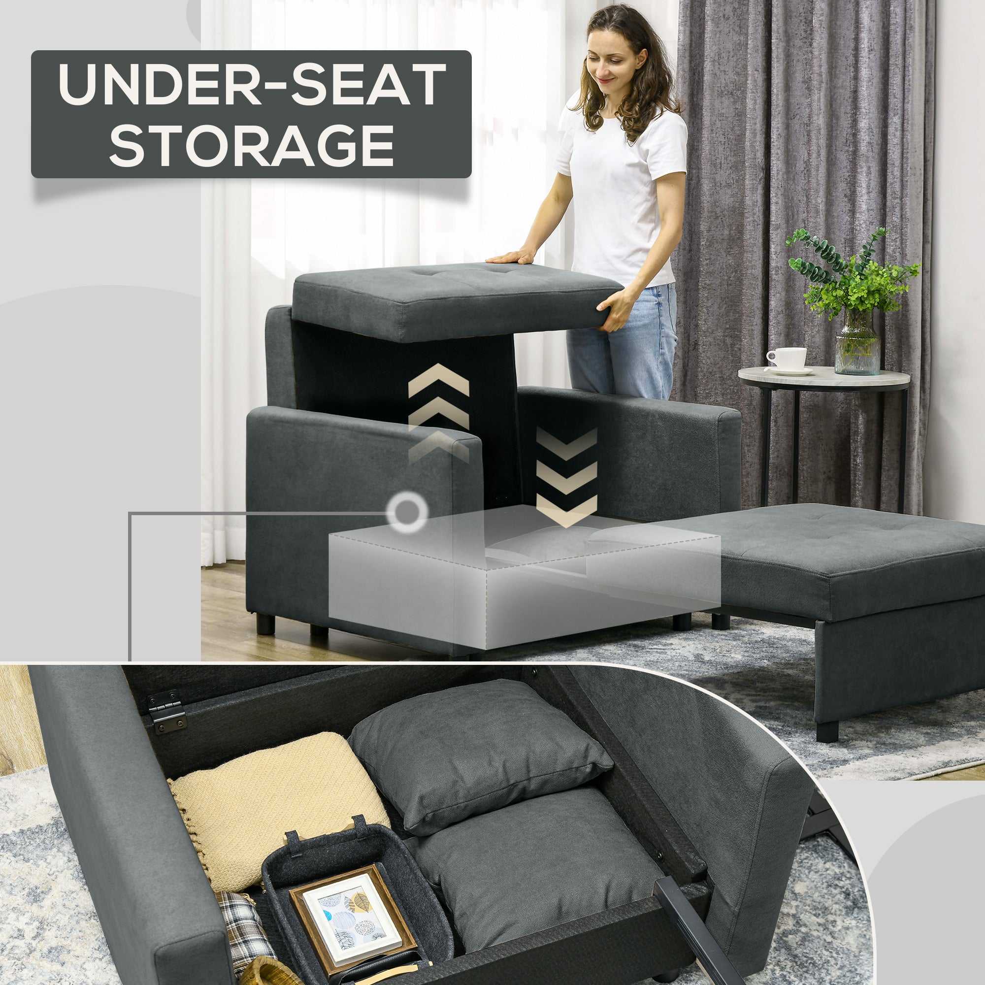 Grey Velvet Fabric Armchair Bed with 2 Cushions and Storage Space, 100x98x88 cm