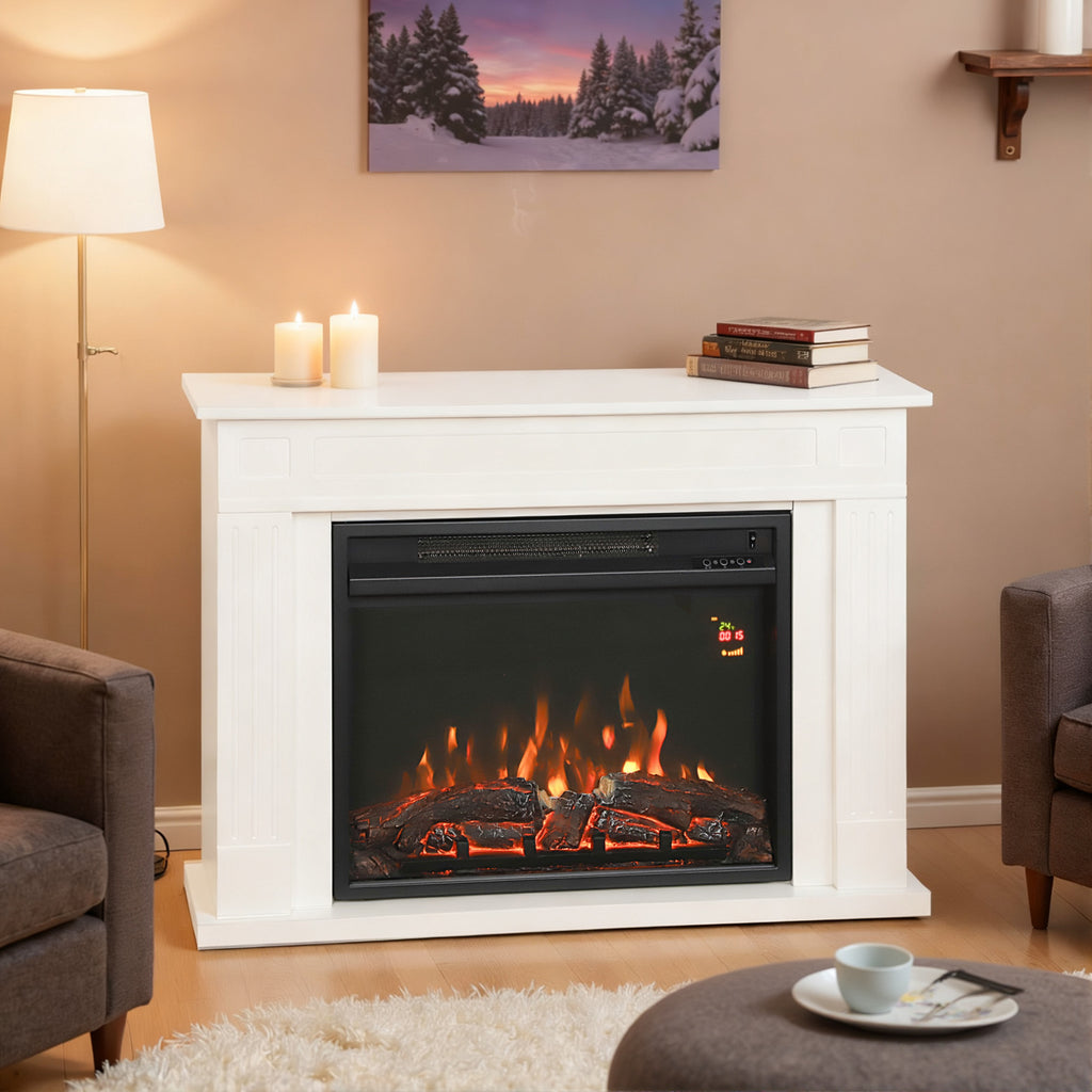 Electric Fireplace with 5 Flame Levels, Remote Control and Timer, 98x23.5x69.5 cm, Black and White