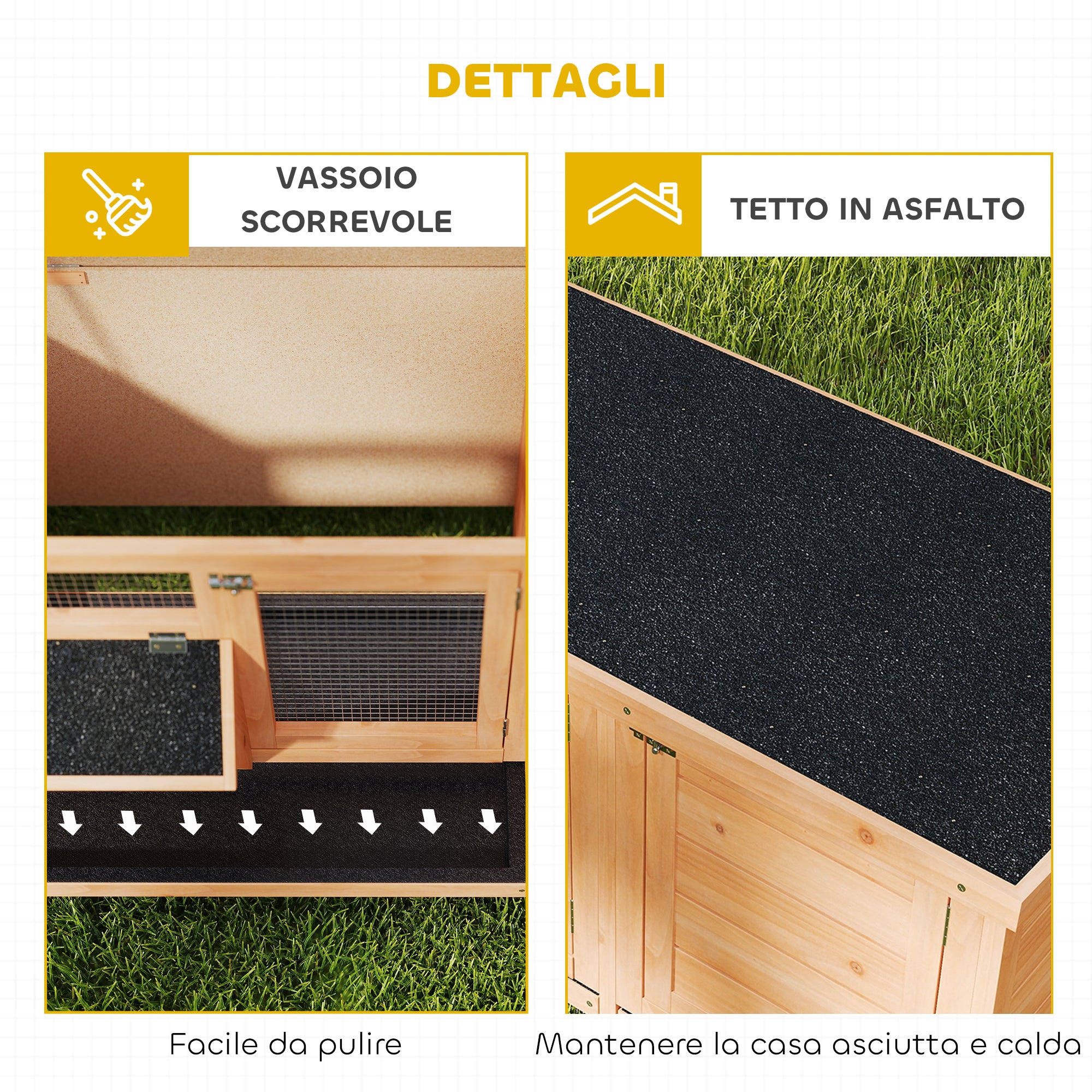 PawHut Outdoor Wooden Rabbit Hutch with Asphalt Roof, House, Trays and Feeder, 112x50x54 cm, Yellow