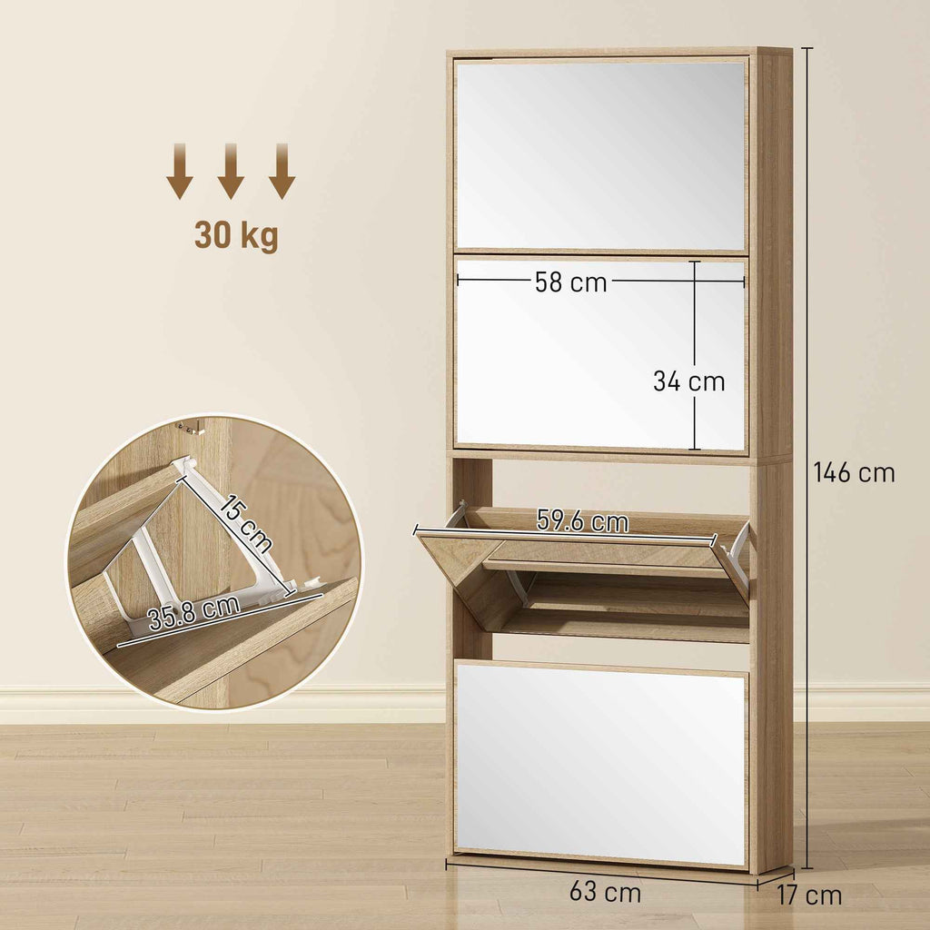 HOMCOM 4-Door Mirrored Shoe Rack, Anti-Tip, Wood Color, 63x17x146 cm