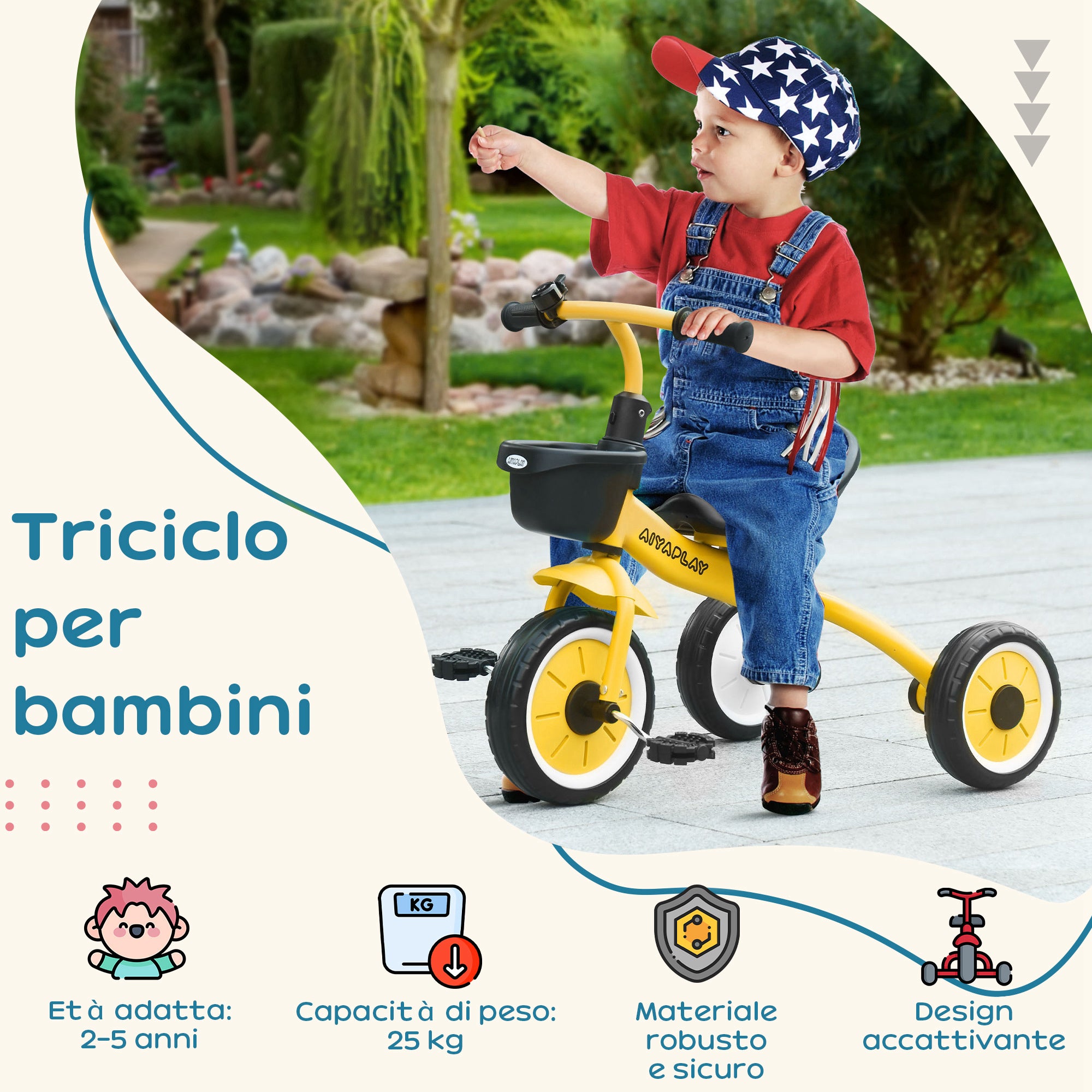 Children's Tricycle for 2-5 Years Old with Adjustable Seat and Bell, 70.5x50x58cm, Yellow