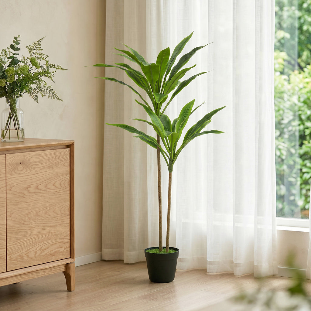 HOMCOM Artificial Cordylinea Plant with 29 PEVA Leaves, Black Pot Filled with Moss Effect Cement, Green