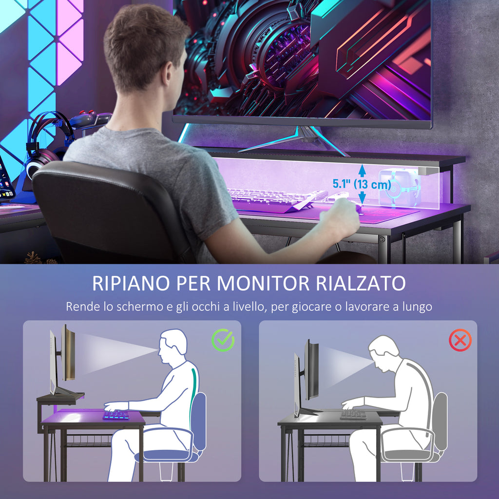 Reversible Corner Desk with LED, Power and USB Sockets, Shelves and Monitor Stand, Black