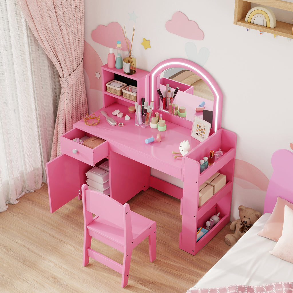 2-in-1 Kids Dressing Table Set with Mirror, Chair, LED Light, Cabinet, Shelves and Bookcase, Pink