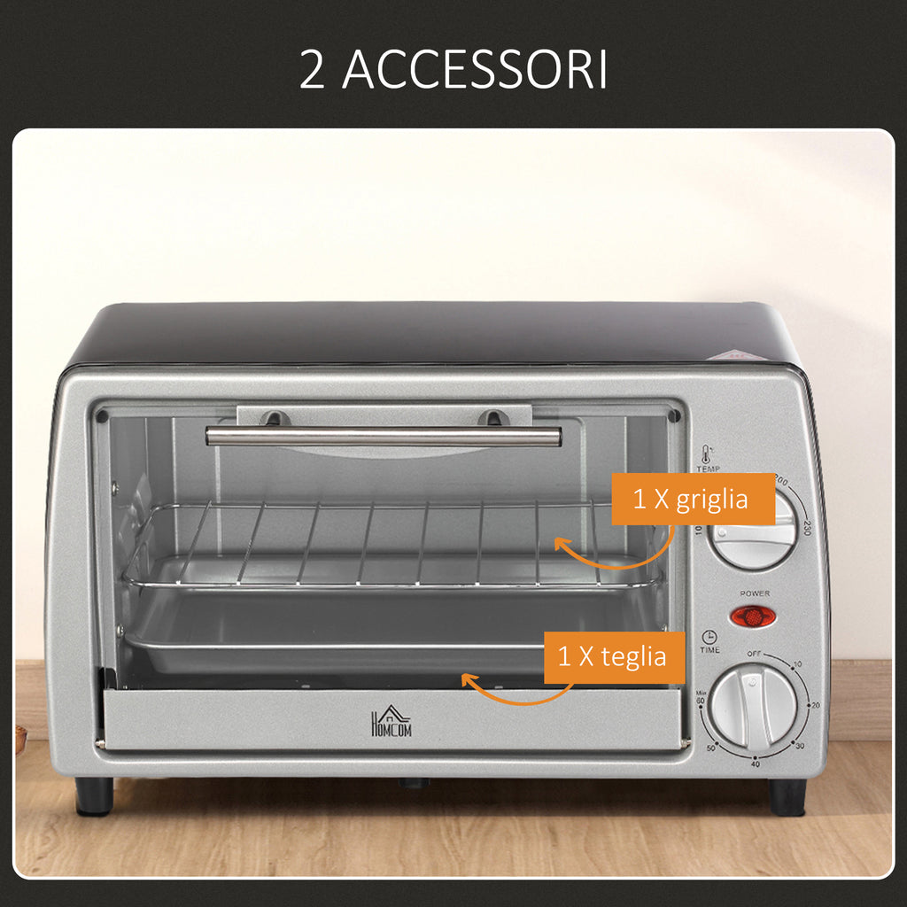Electric Oven 10L Adjustable Temperature and Timer, Grill and Baking Tray Included, 750W, 36.5x26x22cm, Silver Black - Borgè
