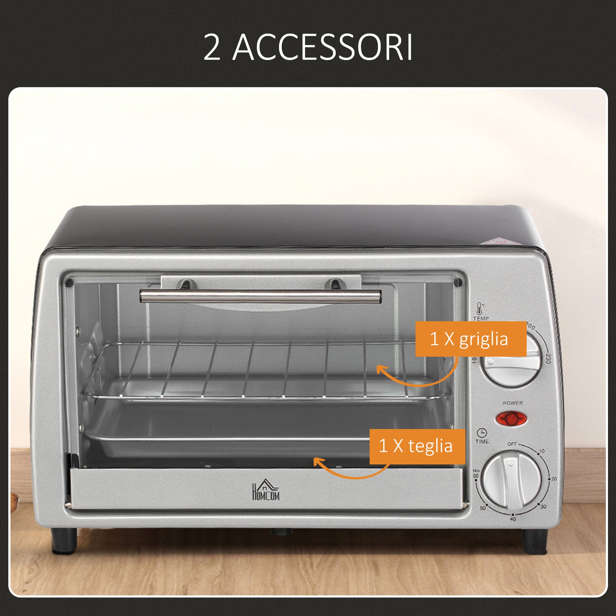 Electric Oven 10L Adjustable Temperature and Timer, Grill and Baking Tray Included, 750W, 36.5x26x22cm, Silver Black - Borgè