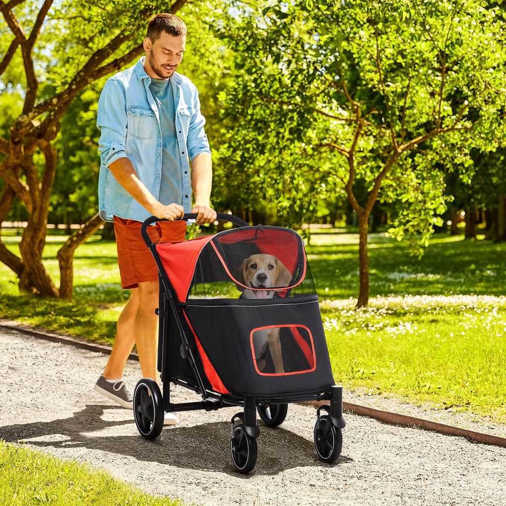 Foldable Dog Stroller with Zipper Entrances and Mesh Windows, 112x65x100 cm, Black and Red