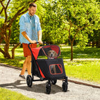 Foldable Dog Stroller with Zipper Entrances and Mesh Windows, 112x65x100 cm, Black and Red
