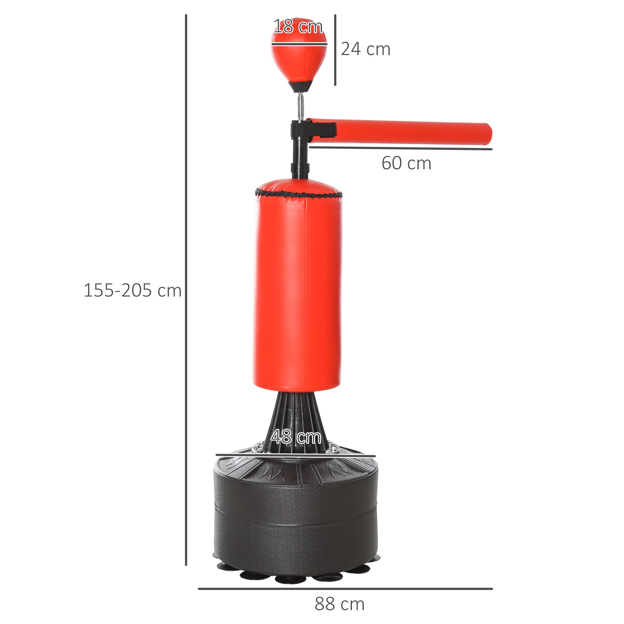 HOMCOM Height Adjustable Punching Bag with Punching Ball and Fillable Base, 88x48x155-205 cm, Red and Black - Borgè