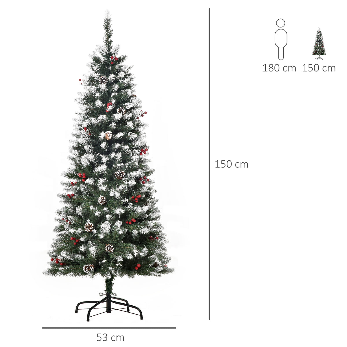 HOMCOM 150cm Artificial Snow-Covered Christmas Tree with Red Berries and White Pine Cones, Removable Folding Base, 408 Branches