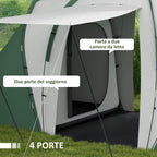 Camping Tent 4-6 People with 2 Rooms, in Polyester and Fiberglass, 555x225x190 cm, Gray and Green