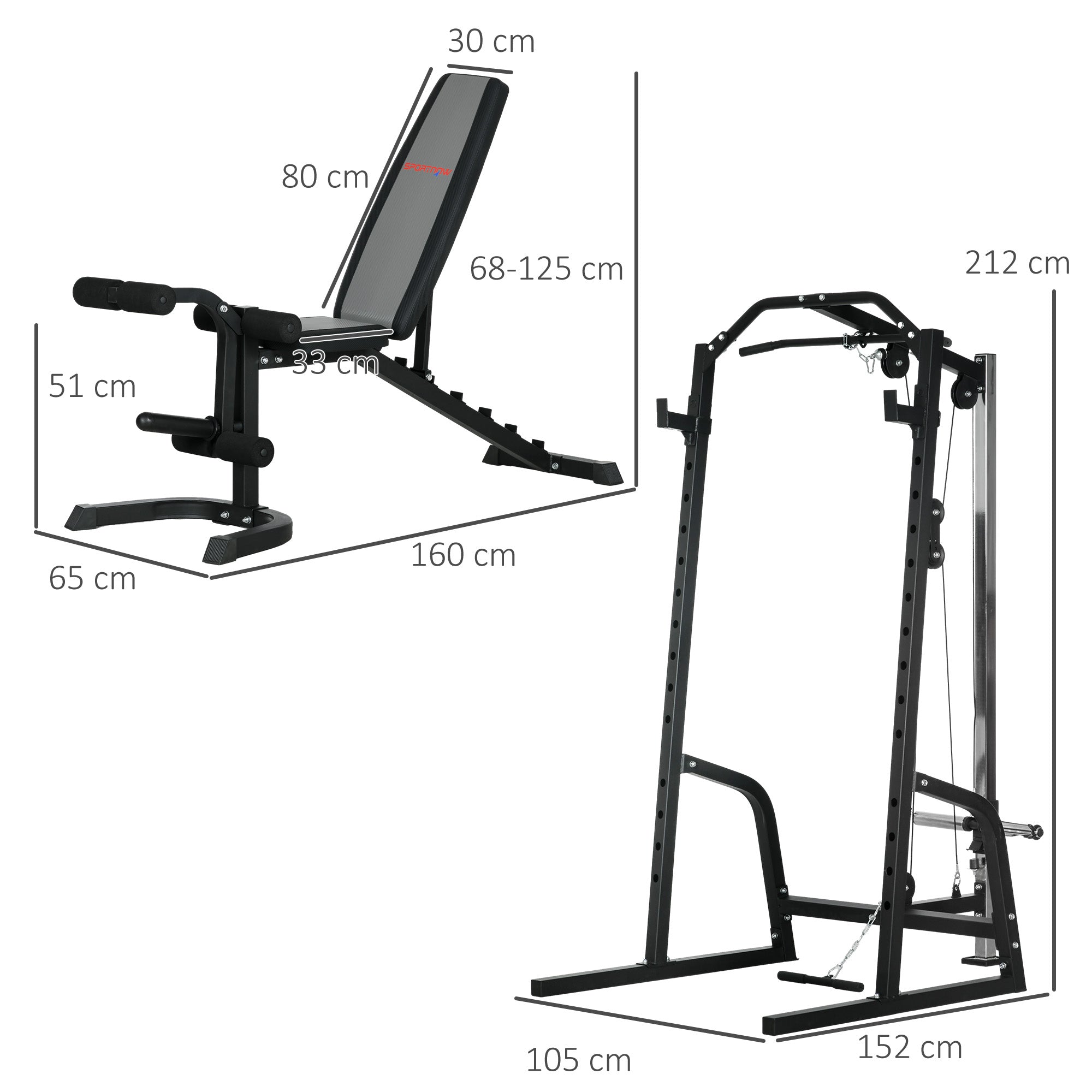 Multifunctional Power Tower with Abdominal Bench and Adjustable Barbell Rack, Black
