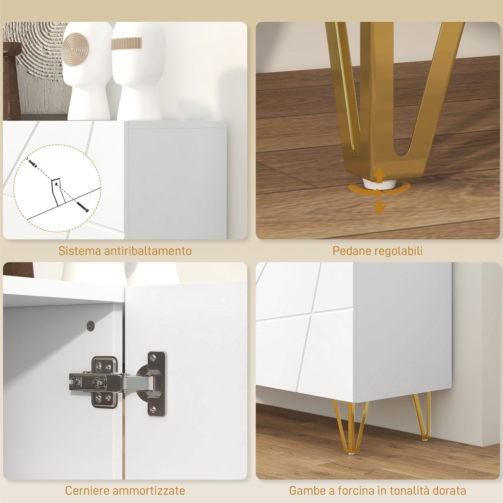 Storage Unit with 2 Cabinets and Adjustable Shelf, in Chipboard and Metal, 120x40x75 cm, White and Gold