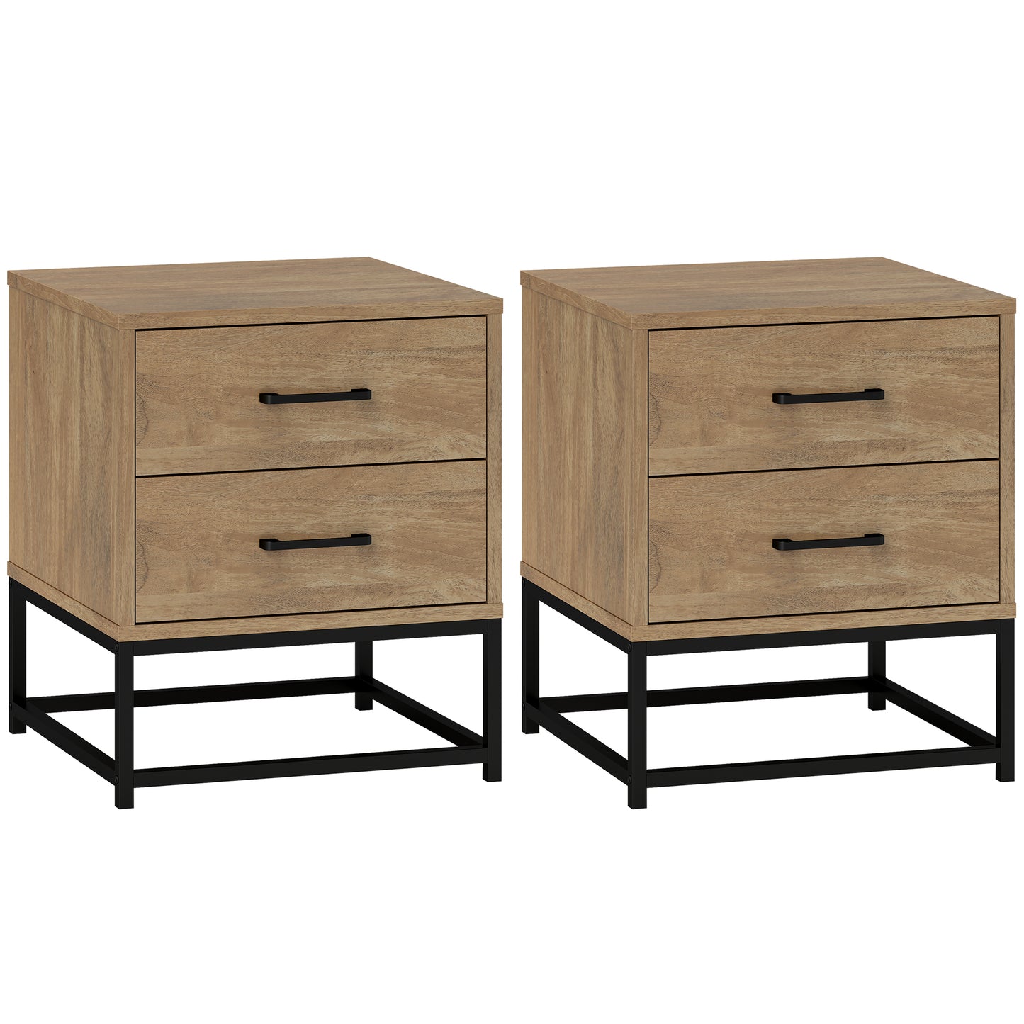 Set of 2 Industrial Style Wooden and Steel Bedside Tables with 2 Drawers, Wood Colour