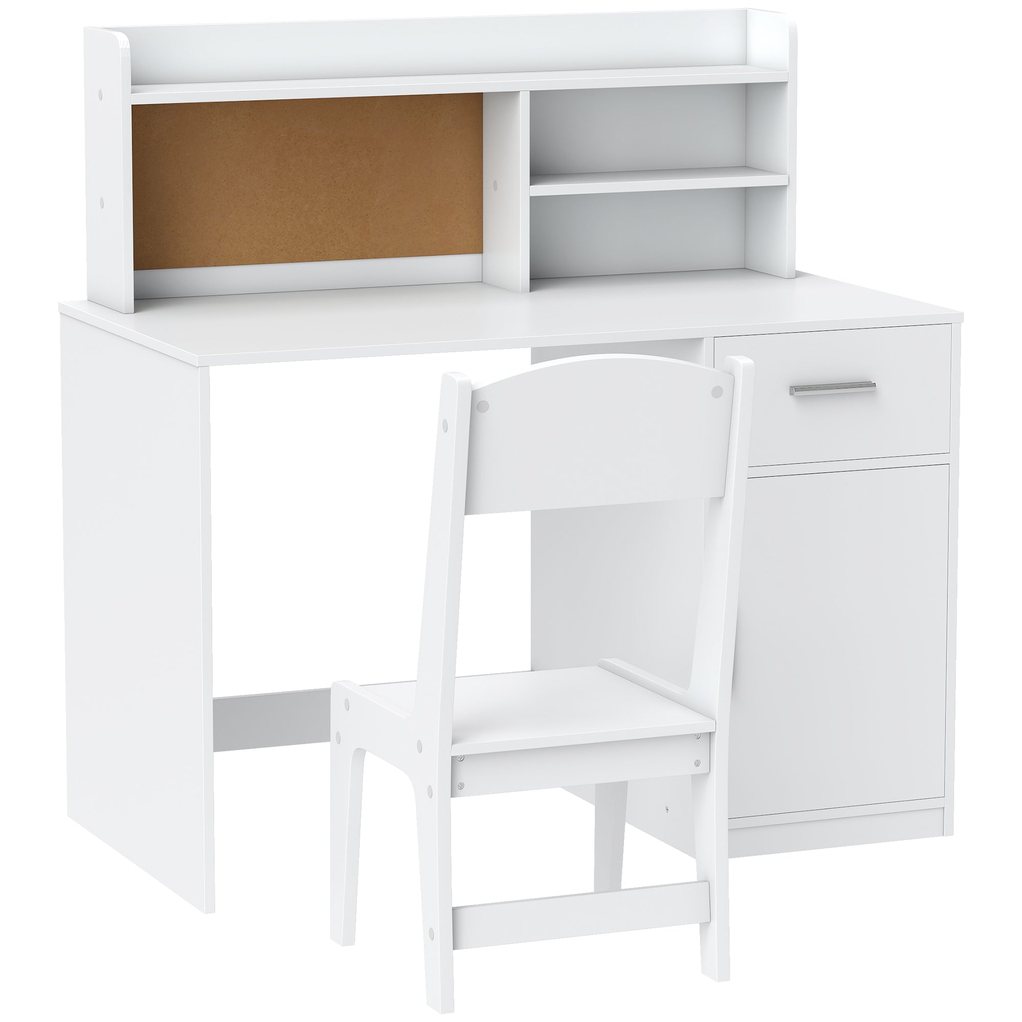 Children's Desk with Shelves, Cabinet, Drawer and Matching Children's Chair in White MDF