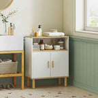 HOMCOM Freestanding Bathroom Cabinet with Adjustable Shelf, White and Natural Wood