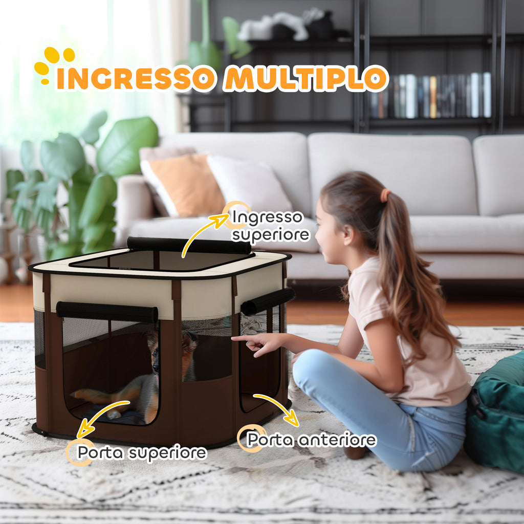 PawHut Pet Playpen with 6 Windows, 3 Doors and 2 Storage Bags, Polyester and Steel, 74x60x45 cm, Brown