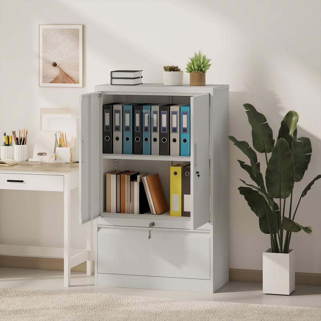 Steel Office Cabinet with Adjustable Internal Shelf and Drawer, 80x40x130 cm, White