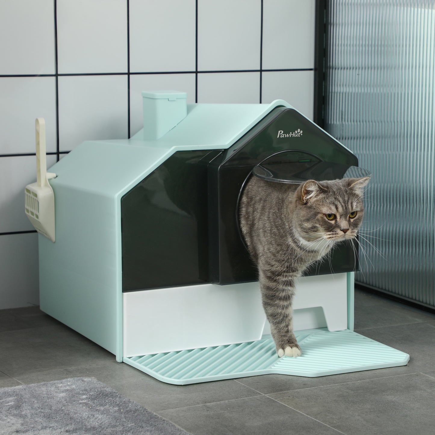 Closed Cat Litter Box with Removable Tray, Mat and Scoop, 47x45x42cm, Light Blue - Borgè