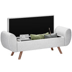 Bedside Storage Bench with Fabric Armrests, Wooden Legs and 53.8L Compartment, 132x42x50 cm, Grey