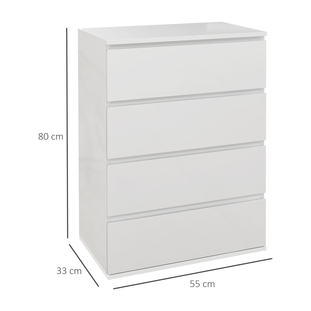 4 Drawer Wooden Chest of Drawers, Modern and Multipurpose Bedroom Dresser, 55x33x80 cm, White