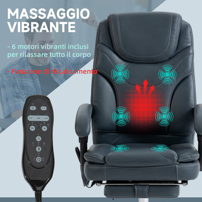 Office Chair with Massage and Heat with Footrest, in PU Leather and Steel, 67x67x113-121 cm, Grey