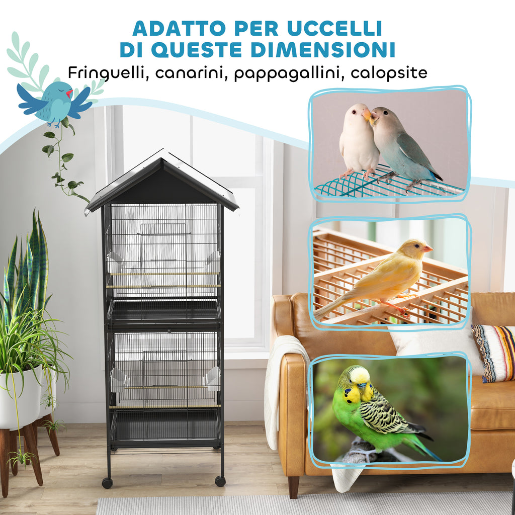 PawHut Wheeled Bird Aviary with Removable Plastic Trays and Perches, Metal, 71.8 x 71.8 x 170.2 cm, Black