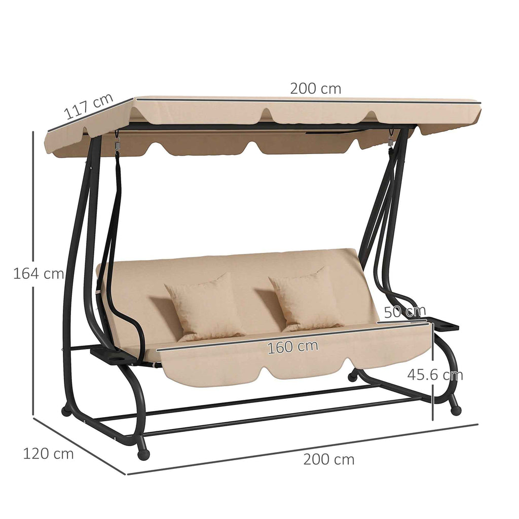 Outsunny 3-Seater Garden Swing Bed with Adjustable Canopy and Tray, 200x120x164 cm, Light Brown