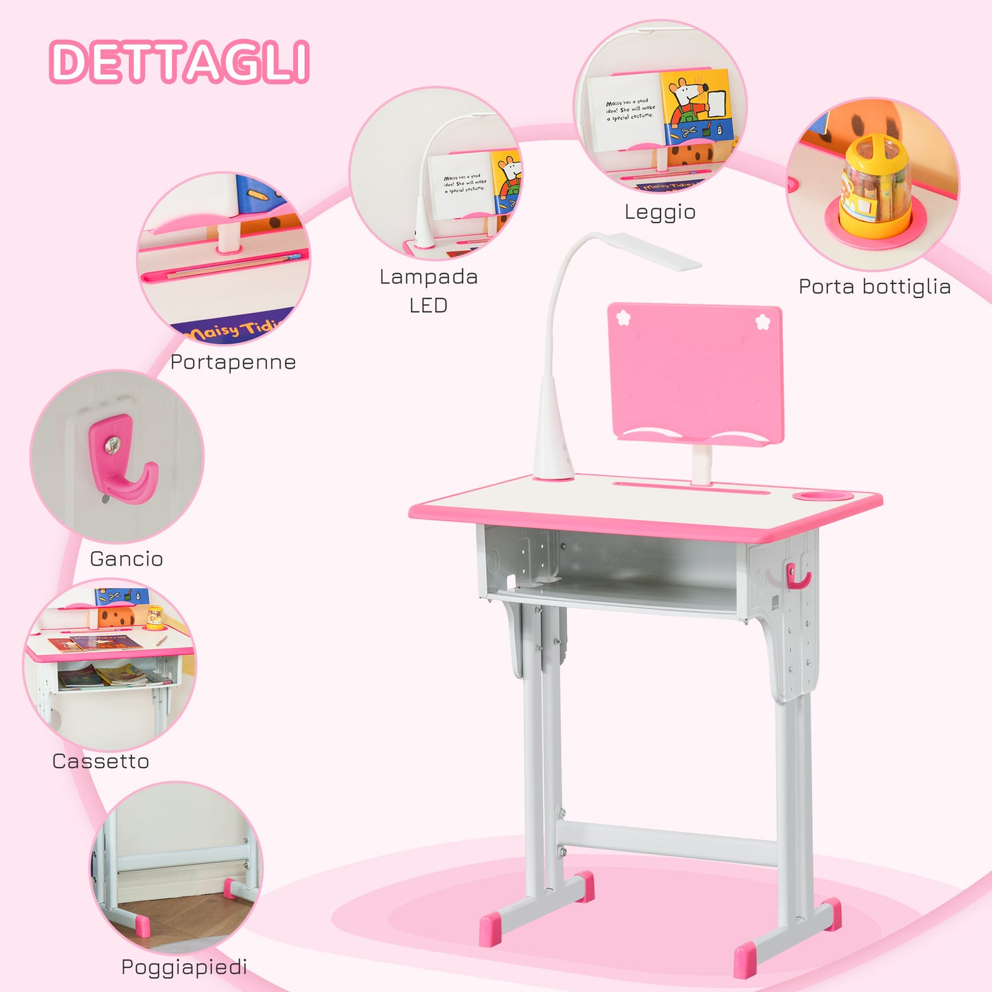 School Desk with Chair for Children 6-12 Years Adjustable Height, LED Lamp, Lectern and Pen Holder, Steel and MDF, Pink - Borgè