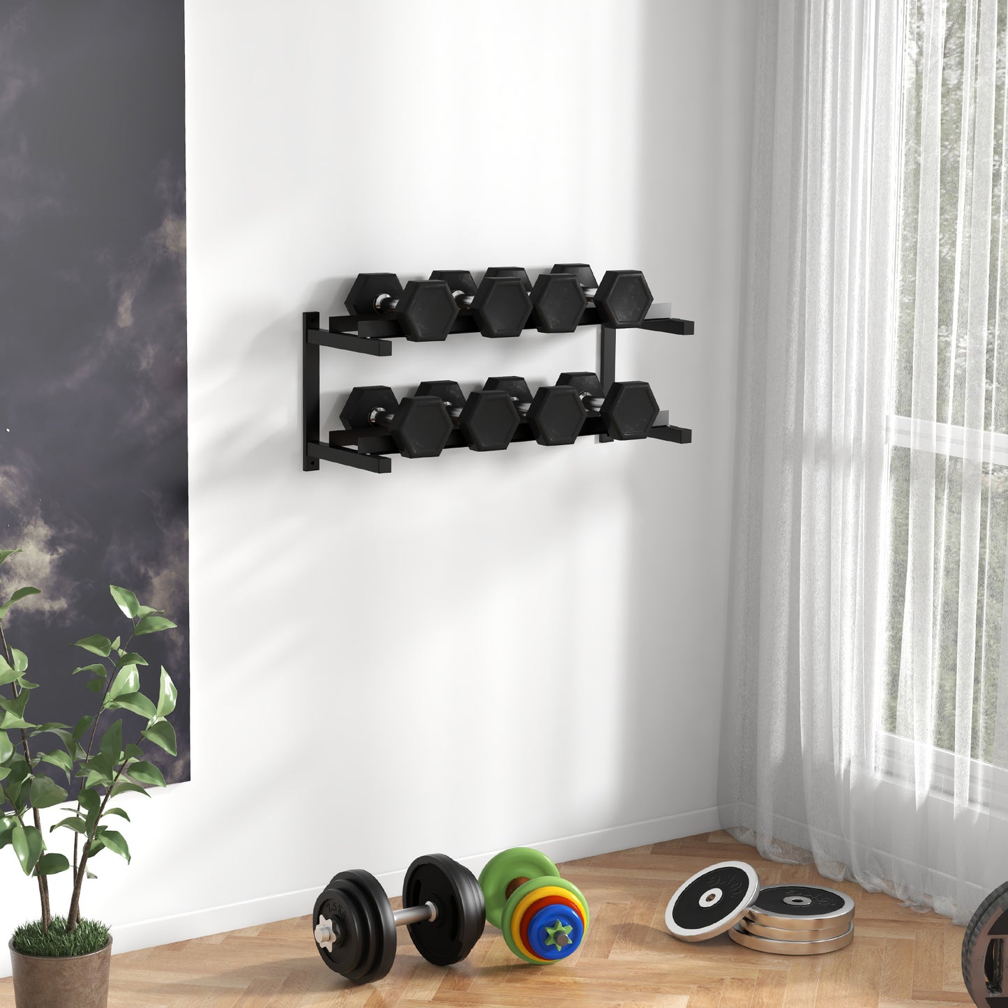 2-Tier Wall-mounted Dumbbell Rack for 70kg max, in Steel, 98x40x35 cm, Black - Borgè