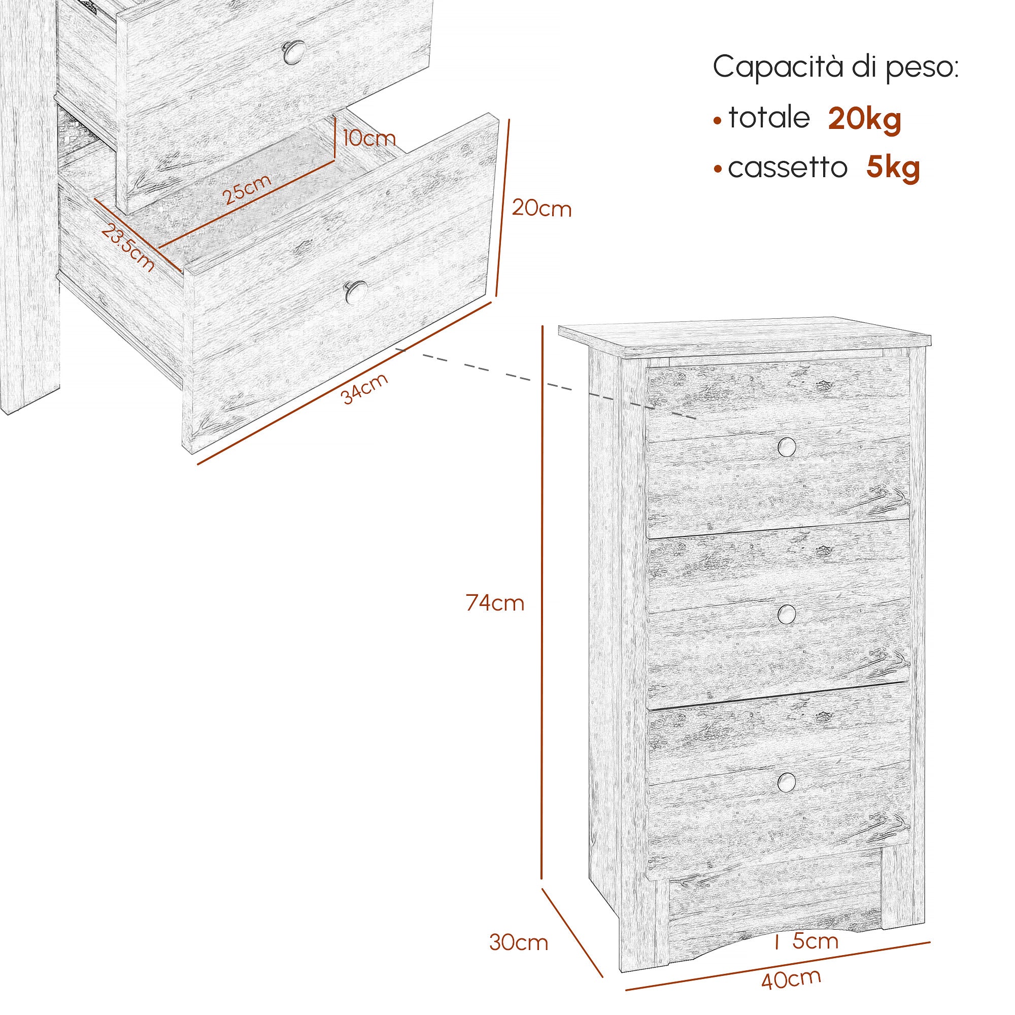 Bedside table with 3 drawers in rustic style in wood, 40x30x74 cm, Brown