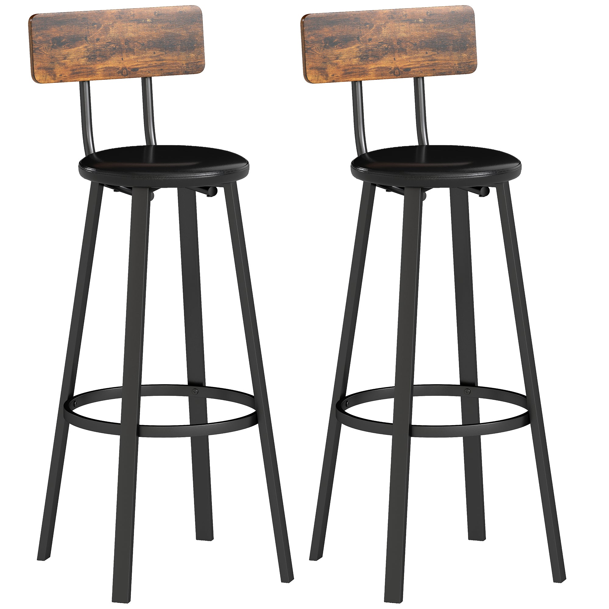 Set of 2 Industrial Style Bar Stools with Backrest, Faux Leather Seat and Footrest, Rustic Brown