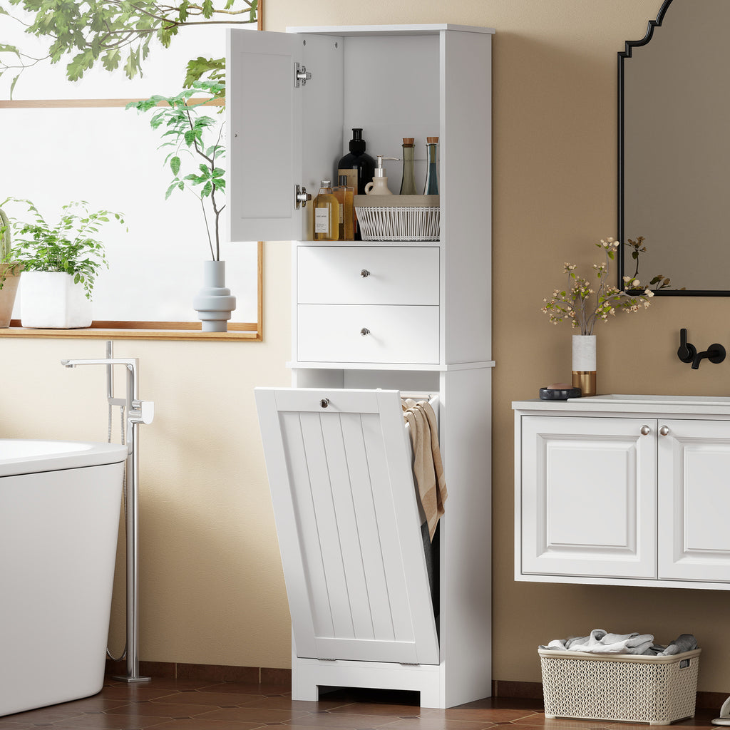Bathroom Cabinet with Folding Laundry Hamper, Cabinet and 2 Drawers, Wooden, 45x30x171 cm, White