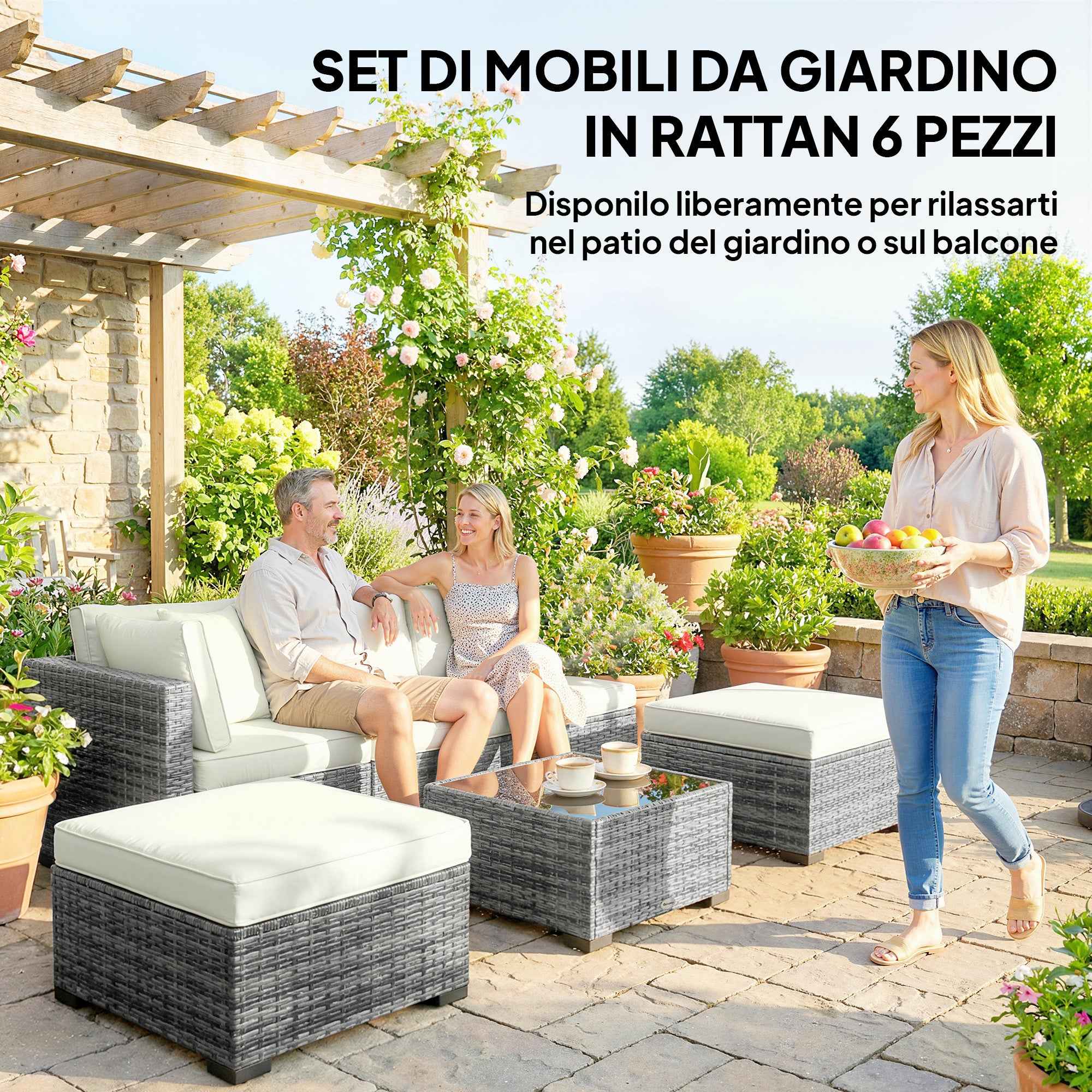 Outsunny 6-Piece Rattan and Steel Garden Furniture Set with Sofa, Coffee Table, and Cushions, Grey